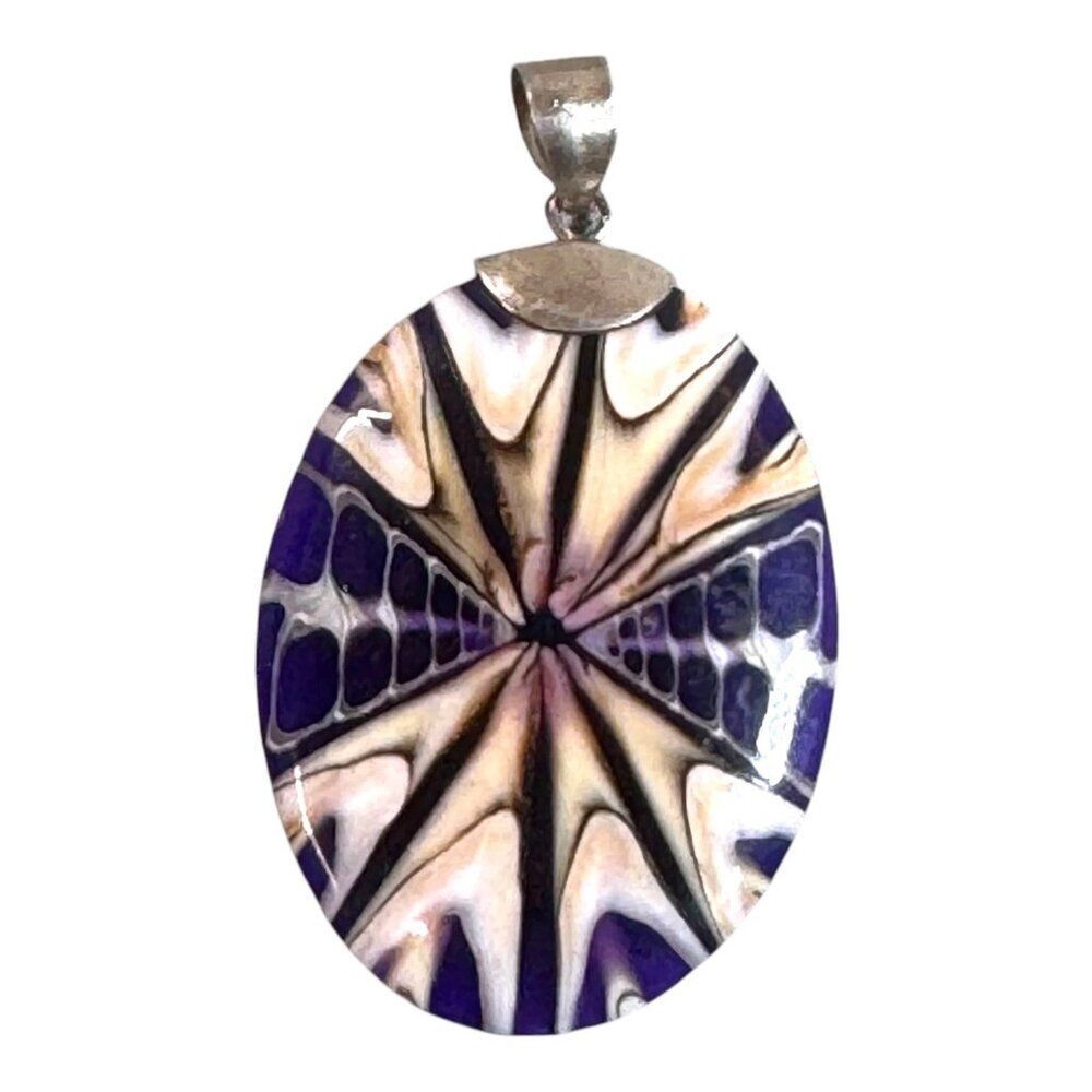 925 Sterling Silver Oval Cone Shell & Blue Pendant Jewelry Beach Nautical Cruise